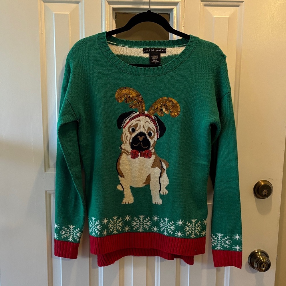 Bobbie Brooks Green Festive Pug Dog Design United States Holiday Ugly Christmas